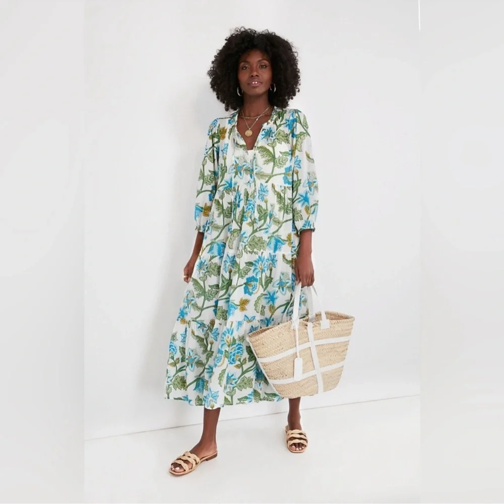 Tuckernuck White Maxi Dress with Blue and Green Floral Print - Picture 2 of 11